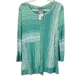 Habitat Teal White Striped Textured Crinkle Patchwork 3/4 Sleeves Tunic Top